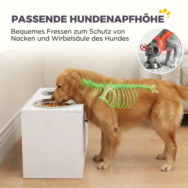 PawHut Hundefutterstation mit 2 Edelstahl-Näpfen, Schrank für Utensilien, für große Hunde, Zubehör, Weiß