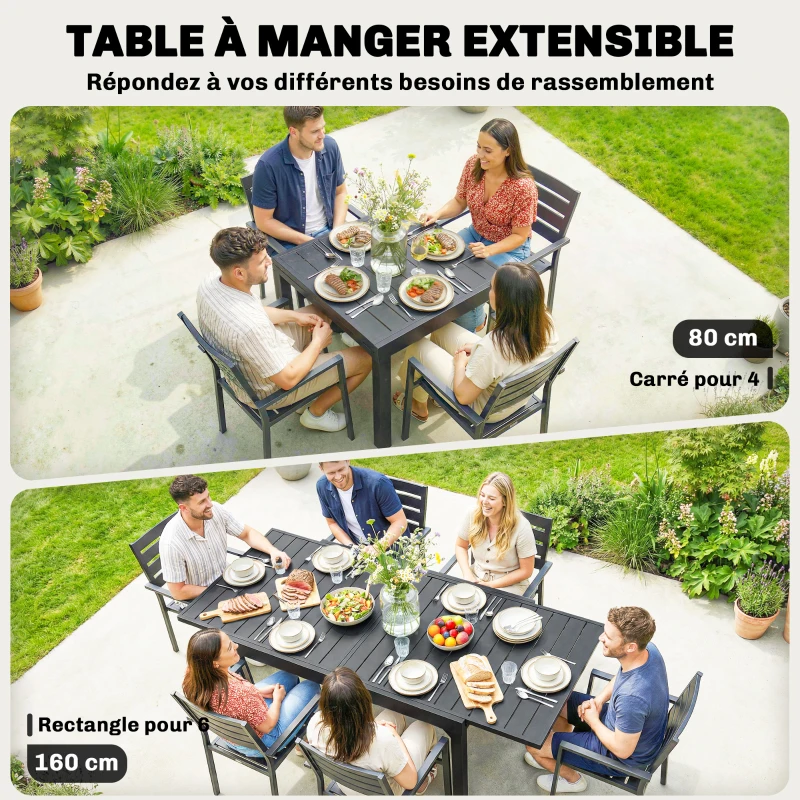 Outsunny Table de jardin extensible pour 4 à 6 personnes, 160/80 x 80 x 75 cm, table à manger extérieure en aluminium, noir