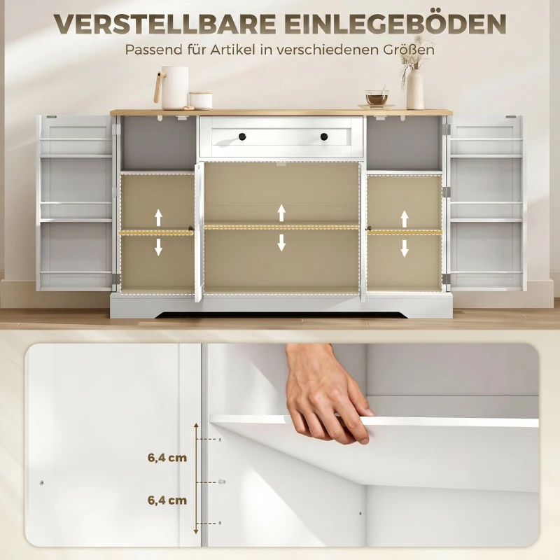 HOMCOM Sideboard Küchenschrank mit 4 Türen, Schublade, Verstellbaren Regal, Türregalen für Küche, Esszimmer, 138x40x85cm, Weiß