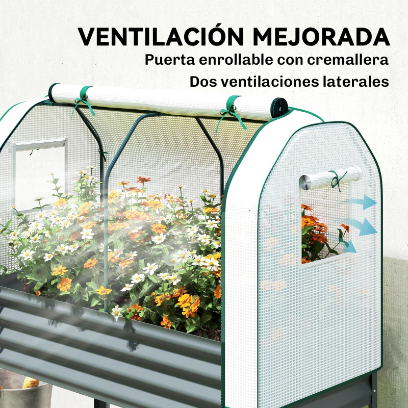 Outsunny Huerto Urbano Elevado con Cubierta de Invernadero y Estante Inferior para Cultivo Plantas 120x55x140 cm Gris Oscuro