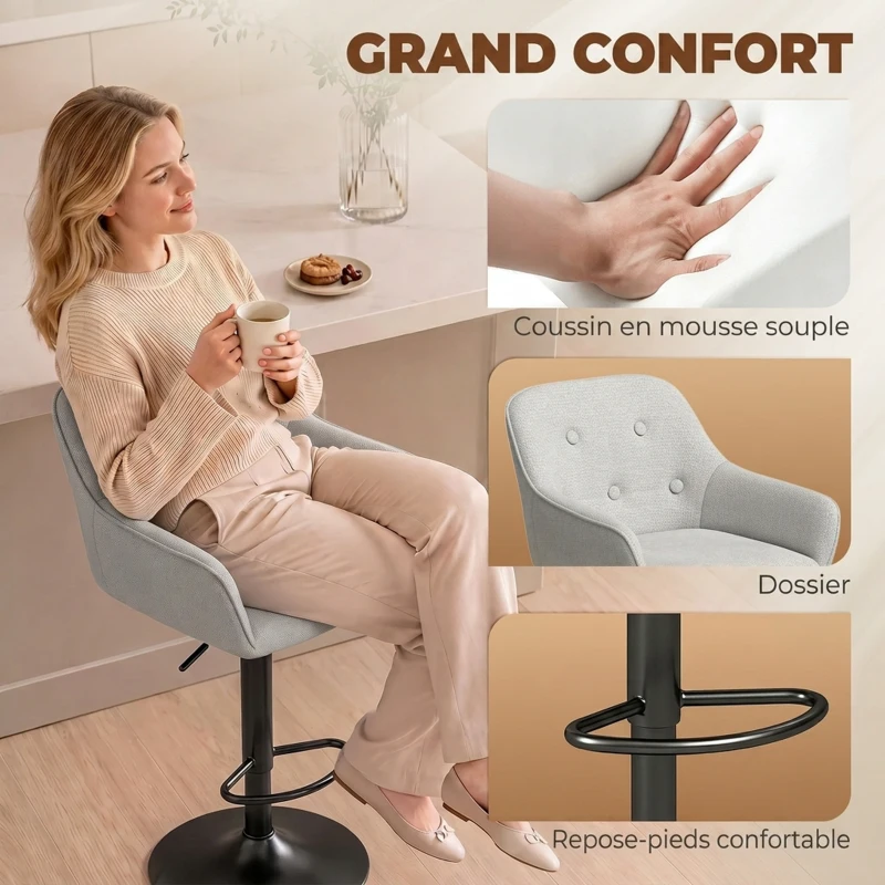 HOMCOM Tabourets de Bar Lot de 2, Chaises de Bar en Chenille, Hauteur Réglable, Pivotant 360°, Dossier et Repose-Pieds, Gris