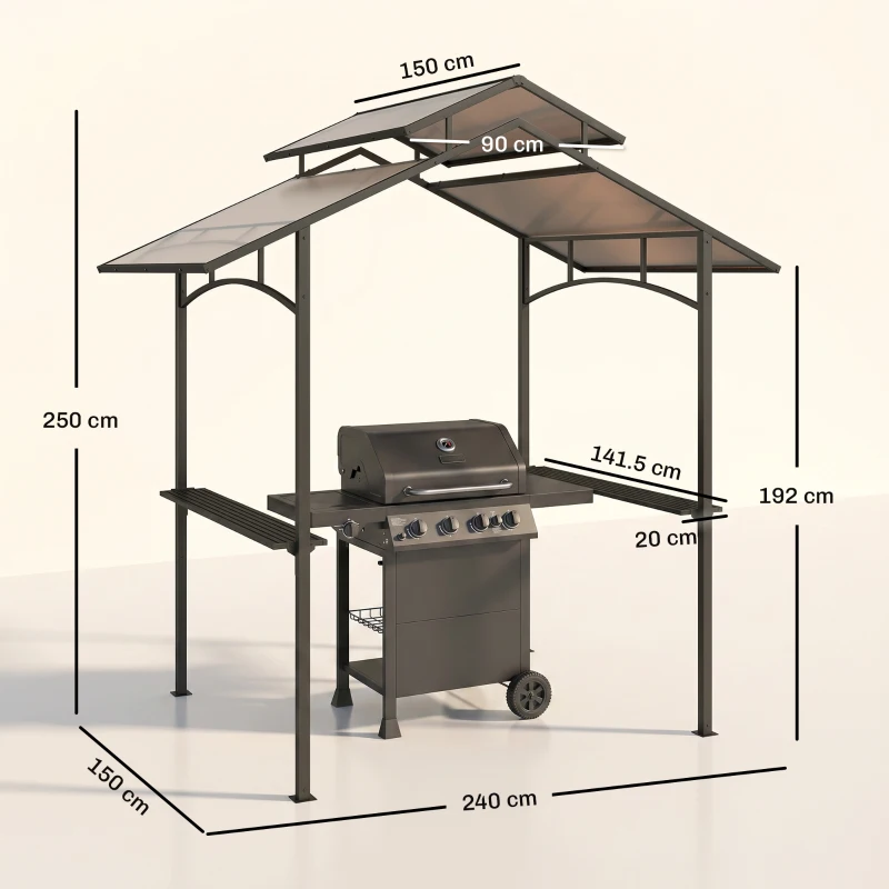 Outsunny Gazebo da Giardino per Barbecue, Doppio Tetto Anti-UV e Struttura in Acciaio con Mensole, 240x150x250cm, Nero