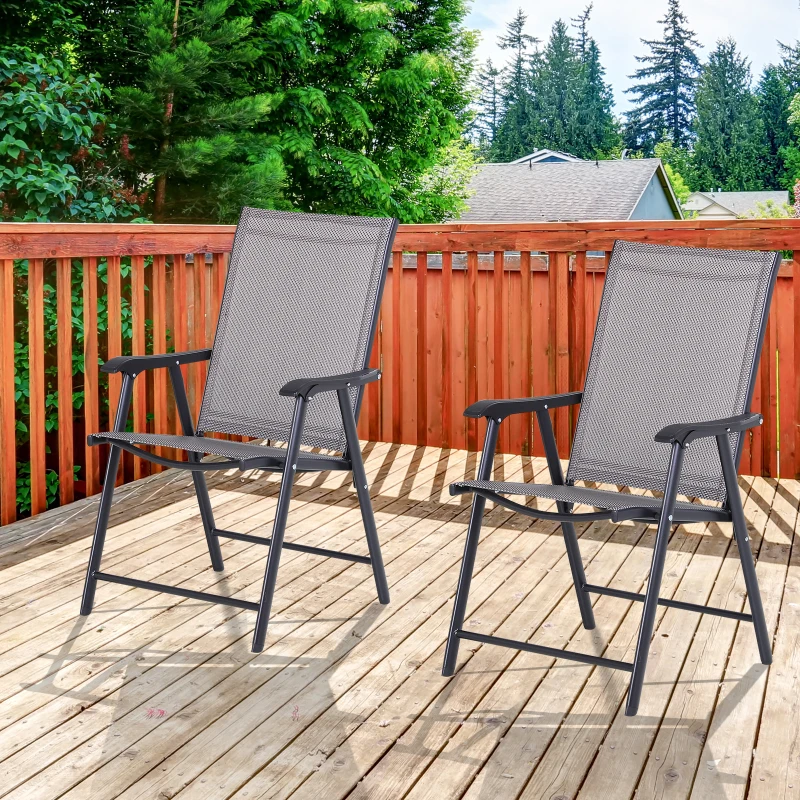 Outsunny Lot de 2 chaises de Jardin Pliantes avec accoudoirs métal époxy textilène - dim. 58L x 64l x 94H cm - Noir Gris