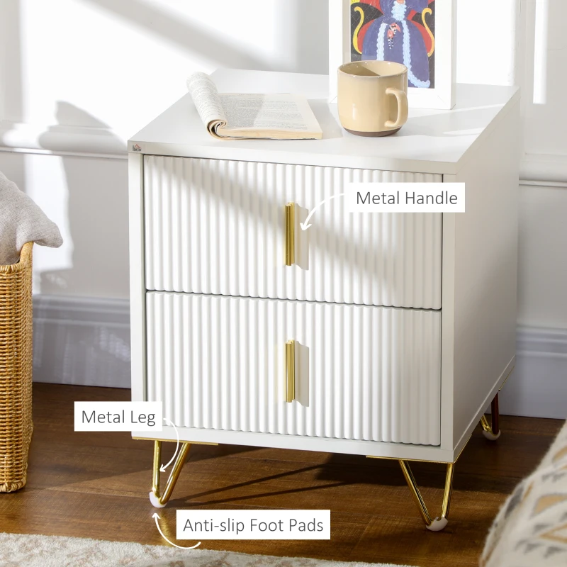 Set of 2 Elegant Fluted Bedside Table - White/Gold-Tone