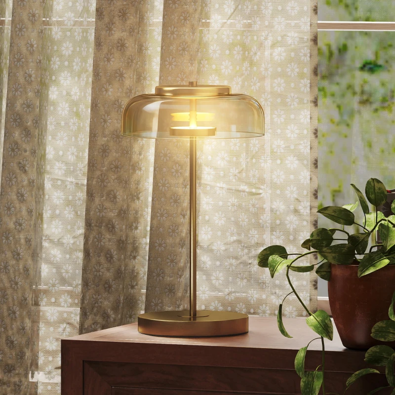 HOMCOM Tischlampe Tischleuchte mit warmem LED-Licht, Metallsockel, bernsteinfarbenem Glasschirm, Ø23 x 40H cm, Gold