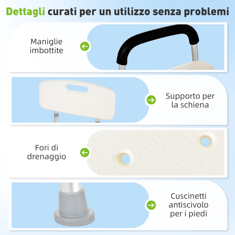HOMCOM Sedia da Doccia in HDPE a 6 Altezze Regolabili con Schienale e Braccioli, 47x50x74-87 cm, Bianco e Argento