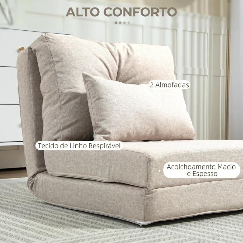 HOMCOM Sofá-Cama Individual Dobrável Estofado em Linho com Encosto Ajustável 5 Posições e 1 Almofada Bege