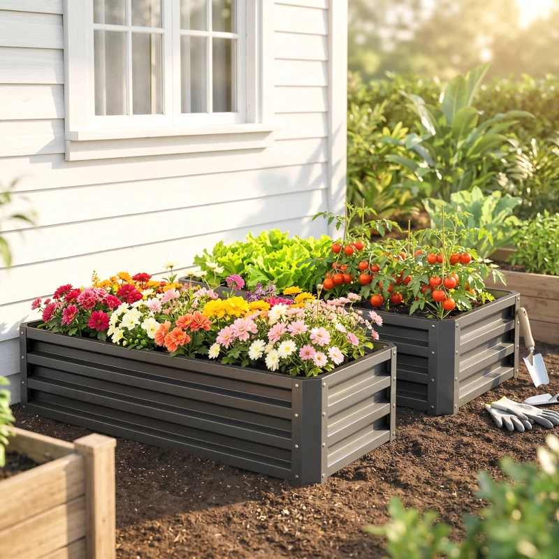 Outsunny Set of Two 110 x 50cm Steel Planter Boxes -  Dark Grey