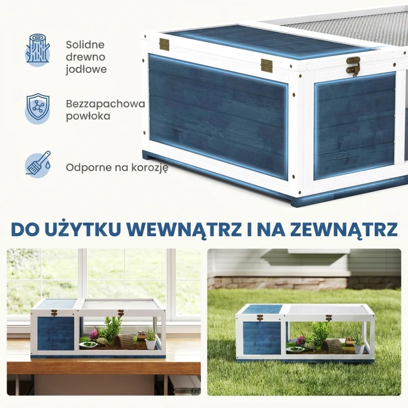 PawHut Terrarium dla żółwia drewniany domek żółwiarnia wybieg dwustrefowy otwierany daszek 3 okna 91x60,5x32 cm niebieski