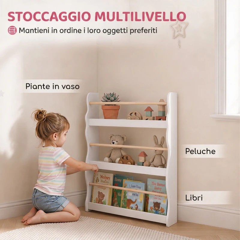 AIYAPLAY Libreria Montessoriana per Bambini 3-8 Anni a 3 Ripiani, 60x15x73 cm, per Cameretta, Bianco