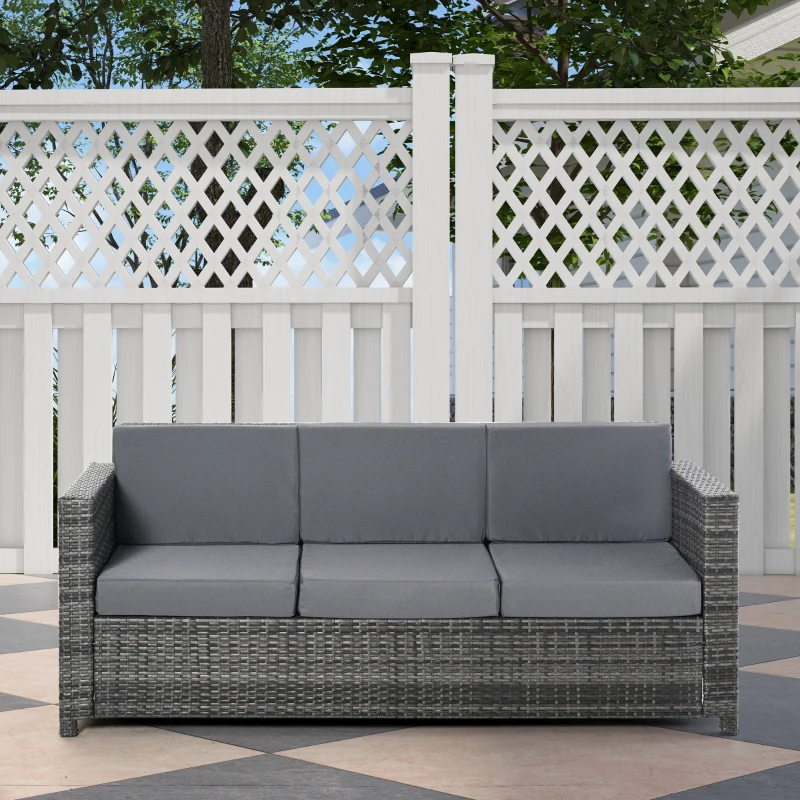 Outsunny Canapea pentru Exterior cu 3 Locuri din Ratan PE, Canapea cu Perne Tapițate și Huse Detasabile, Cadru Metalic pentru Grădină, Terasă și Balcon, 185x70x80 cm, Gri