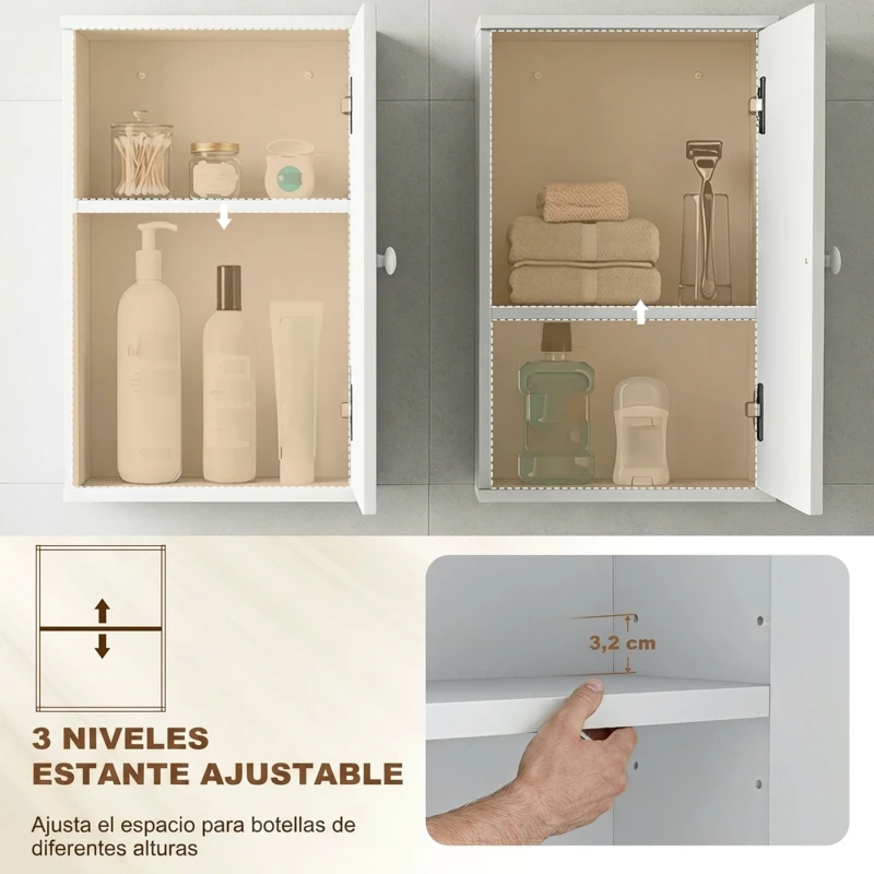 HOMCOM Armario de Baño de Pared Puerta con Cierre Suave Estante Ajustable para Cocina Lavadero 30x14x50 cm Blanco