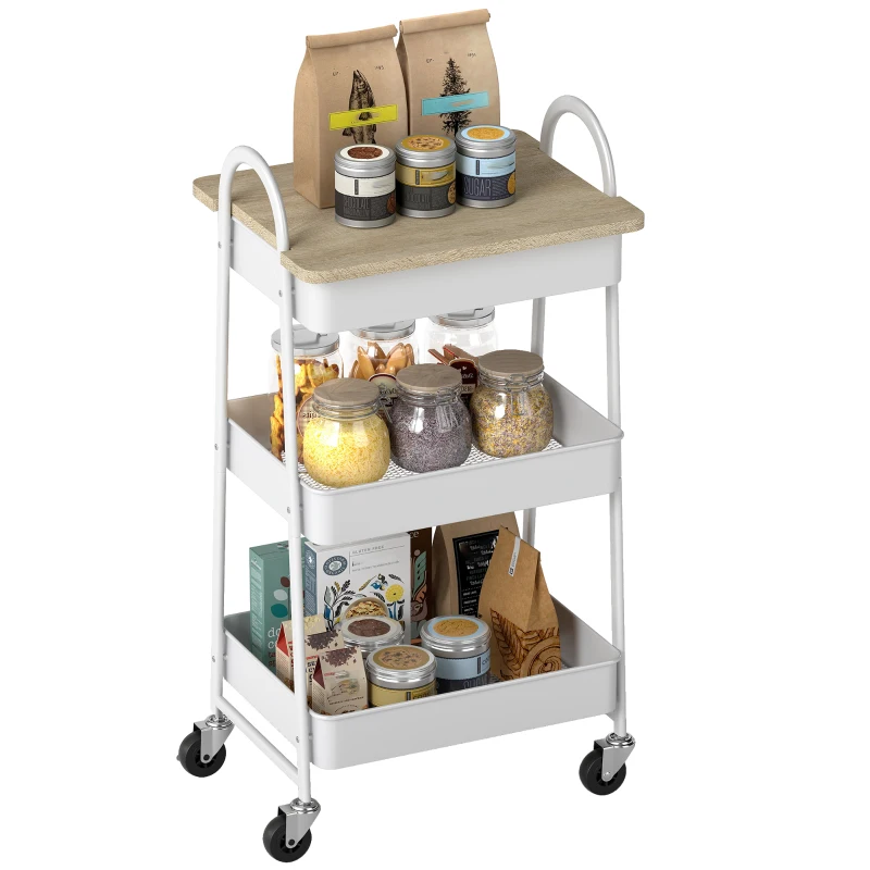 HOMCOM Desserte cuisine, chariot de service à 3 niveaux, plateau supérieur, paniers, poignées, 45 x 32 x 77,5 cm chêne
