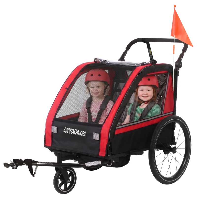 AIYAPLAY Remorque vélo enfant 2 en 1, poussette vélo bébé 2 places, guidon réglable, frein à main, ceinture de sécurité, rouge