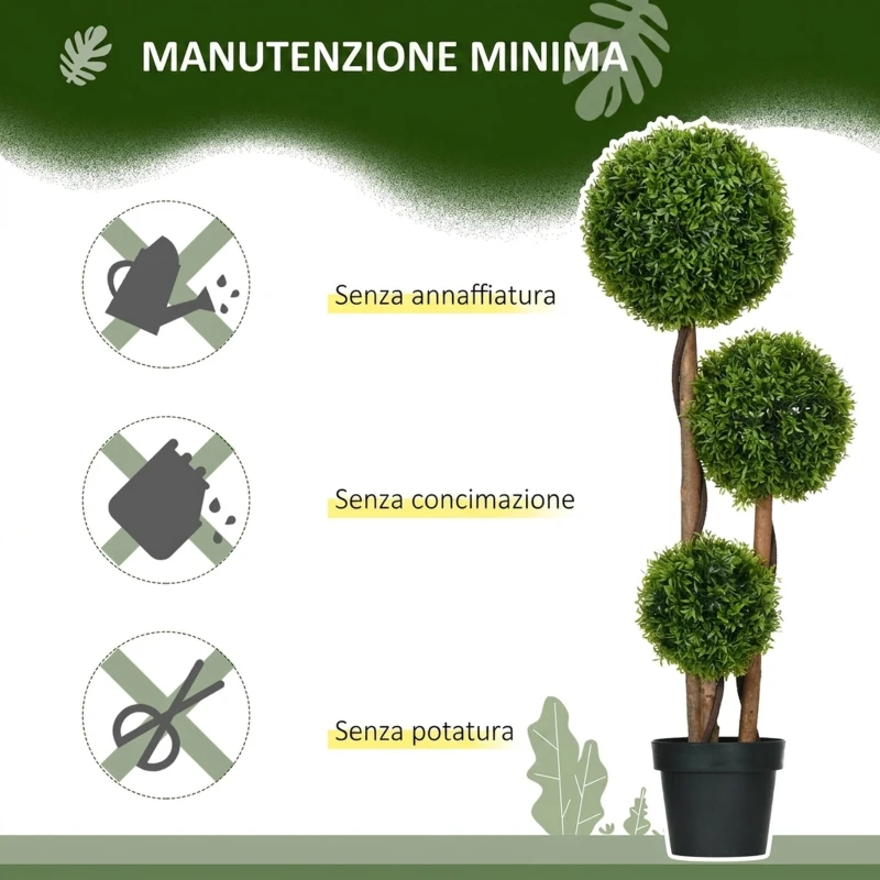 HOMCOM Pianta di Bosso Artificiale a 3 Sfere con Foglie di Bambù, Vaso Incluso, Altezza 110 cm, Verde