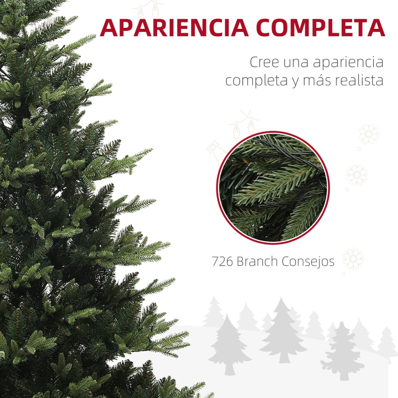 HOMCOM Árbol de Navidad Artificial 180 cm con 350 Luces LED 726 Ramas y Soporte de Acero Árbol Navideño para Interior Verde