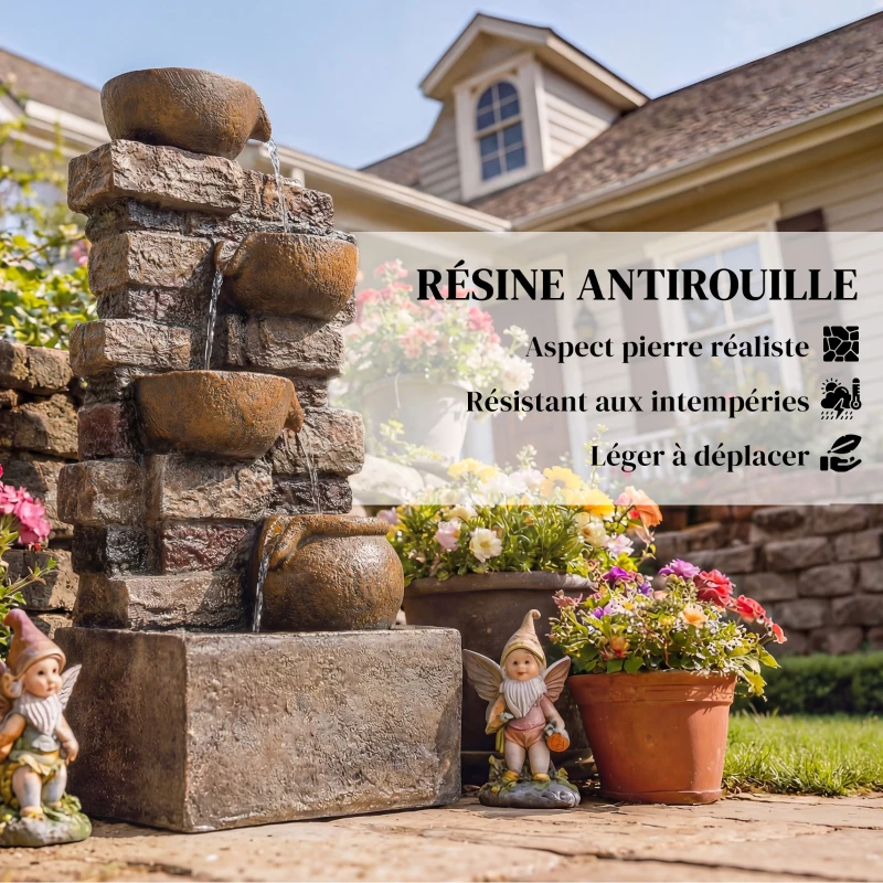 Outsunny Fontaine Extérieure avec 5 Niveaux de Pichets Rustiques et Design Roche, Cascade avec Lumières LED, Marron Rustique
