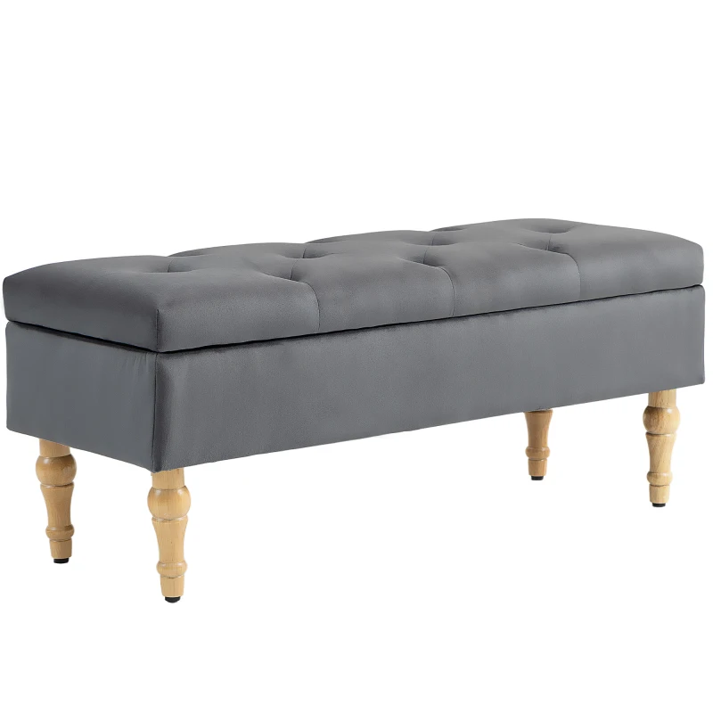 HOMCOM Banc coffre de rangement 2 en 1 banquette en velours avec couvercle à charnière capitonné et pieds en bois, gris foncé