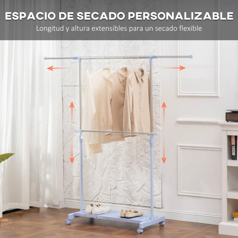 HOMCOM Tendedero Extensible con Ruedas con Barra de Acero Inoxidable y Estante para Zapatos 159x42x168 cm Azul y Plata