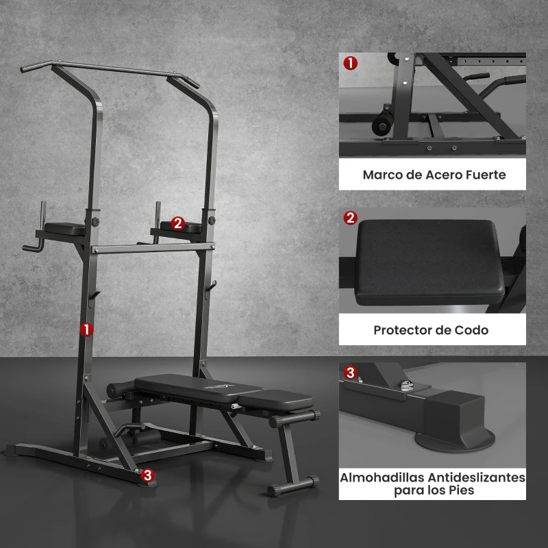 HOMCOM Estación de Musculación Torre de Entrenamiento Altura Ajustable 200-230 cm con Barra de Dominadas y Banco Plegable para Fitness en Casa Gimnasio Carga 150 kg Negro