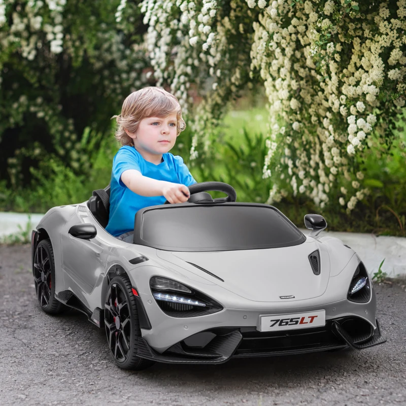 AIYAPLAY McLaren 765LT Licensed 12V Kids Electric Ride on Car with Butterfly Doors, Remote Control, Transport Wheels, Grey