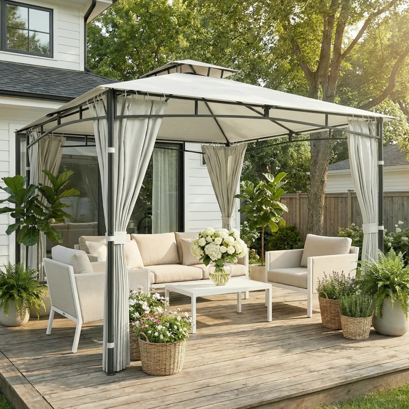 Outsunny Tonnelle de Jardin Extérieur Cadre de Toit Rétractable et Double Toit UV50+Imperméable 3x3m Crème