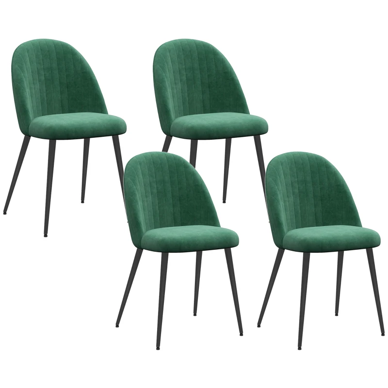 HOMCOM Set de 4 Scaune Moderne Tapițate cu Spătar Curbat, din Stofă cu Efect de Catifea și Oțel, 50x52x83 cm, Verde