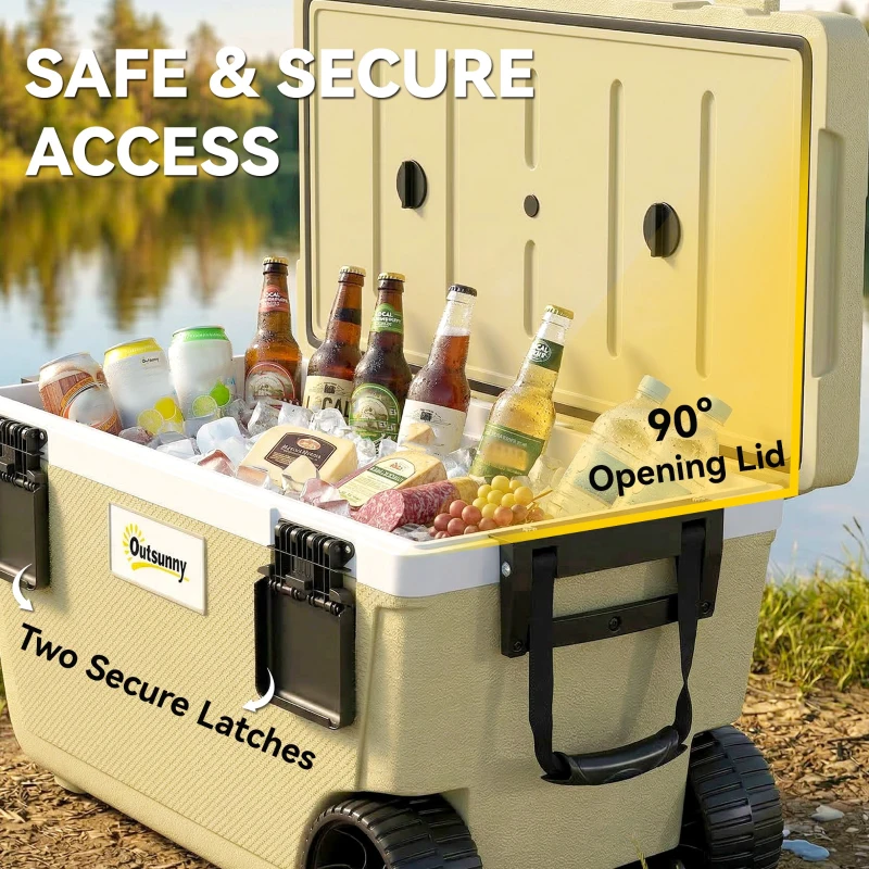 Outsunny 70L Insulated Cool Box with Wheels, Portable Ice Cooler with Handle, Lid and Drain Valve, Khaki