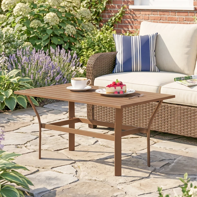 Outsunny Metal Garden Coffee Table, Rectangular Outdoor Side Table with Slatted Tabletop, Foot Pads for Outside, Garden, Balcony, Porch, 91.5 x 55 x 45cm, Brown