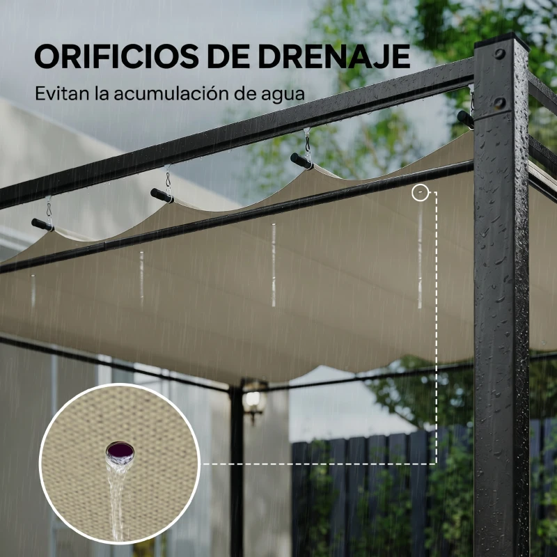 Outsunny Pérgola de Jardim 295x295x221 cm com Teto Retrátil e Cortinas UPF30+ Estrutura Metálica Pérgola para Exterior Bege