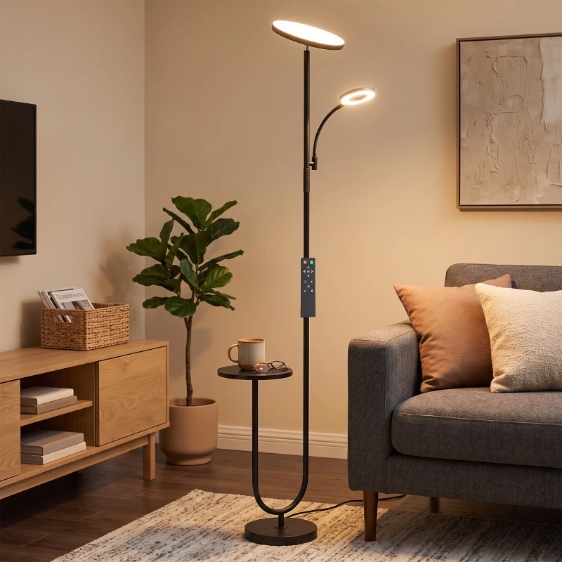 HOMCOM Uplighter Floor Lamp with Table and Reading Light, Dual Light Dimmable Standing Lamp with Remote & 4 Colour Temperatures