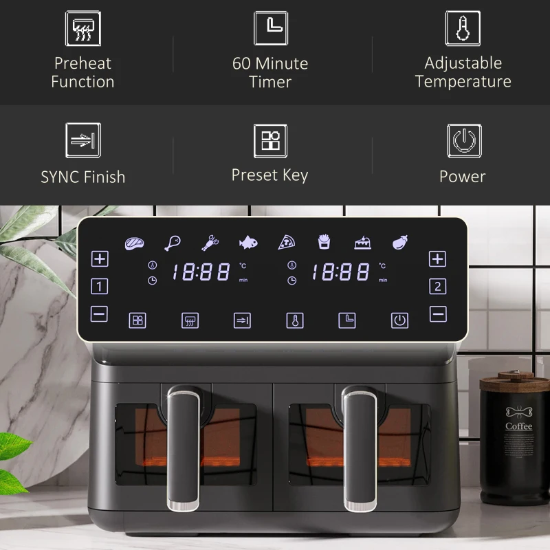 HOMCOM 8L Dual Basket Air Fryer, 8-in-1 Air Fryer Oven with Digital Display, Visible, Timer, Preheat for Oil Free Low Fat Cooking, 2500W, Sync Finish, Sliver