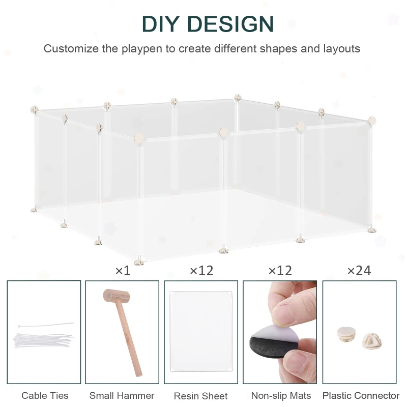 PawHut Pet Playpen DIY Small Animal Cage Open Enclosure Portable Plastic Fence 12 Panels for Hedgehog Guinea Pig White