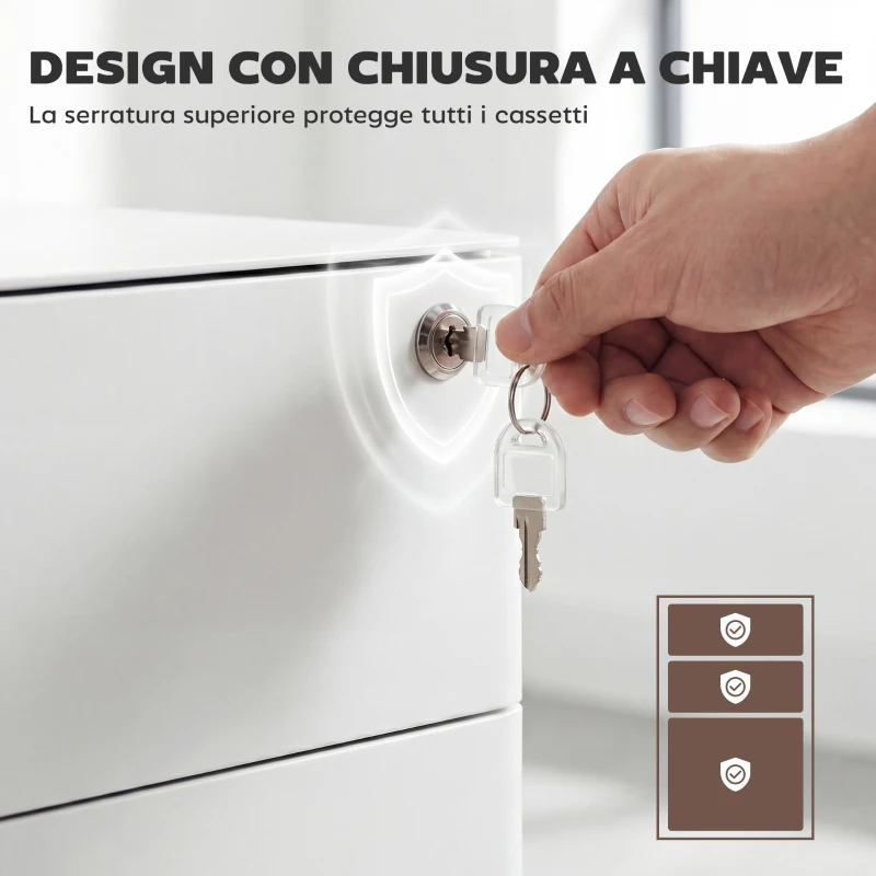 Vinsetto Cassettiera da Ufficio 3 Cassetti in Acciaio con Serratura e Rotelle, 39x48x59cm, Bianco