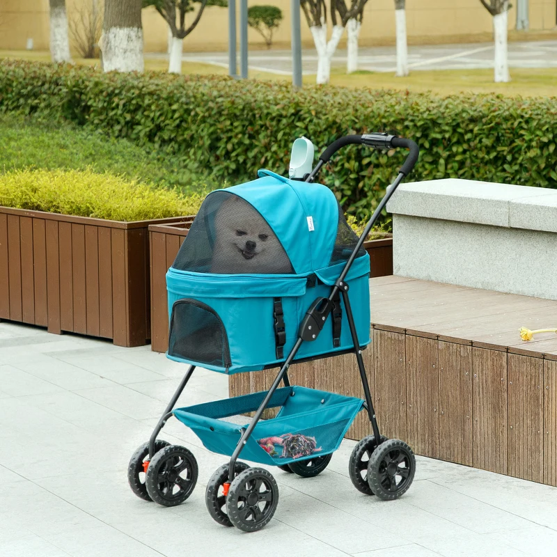 PawHut 3-in-1-Haustierkinderwagen, zusammenklappbarer Hundewagen mit 4 Rädern und abnehmbarer Trage für Hunde und Katzen Türkis