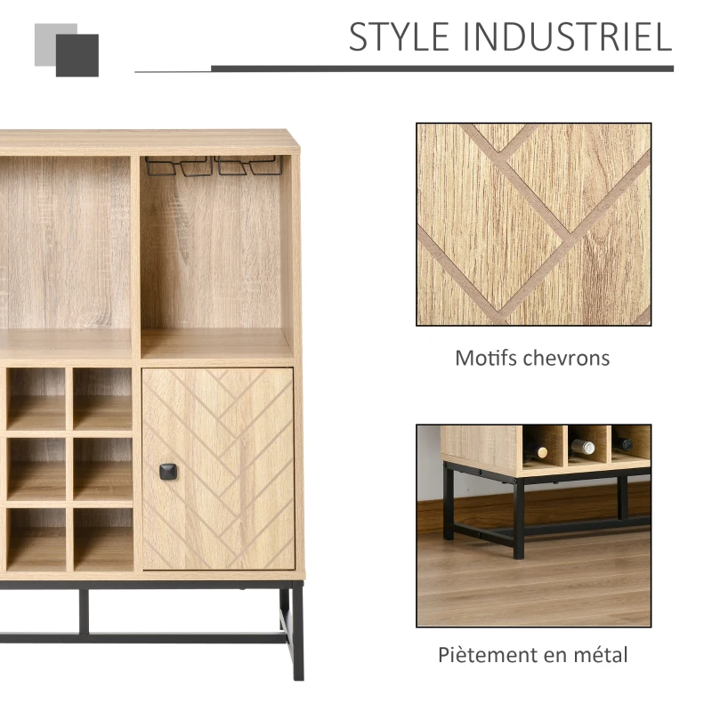 HOMCOM Meuble de rangement style industriel casier à bouteilles support verres à vin niche placard motif chevron métal noir panneaux aspect chêne clair