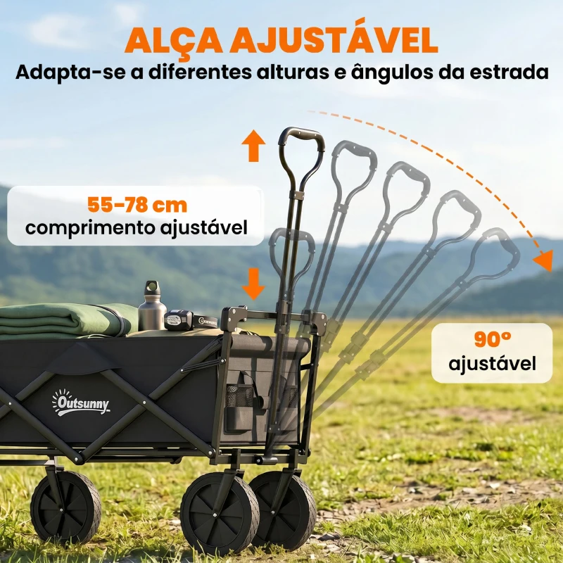 Outsunny Carrinho de Transporte Dobrável com Toldo Removível e Alça Ajustável Capacidade 100 kg para Campismo 97x52x105 cm Preto