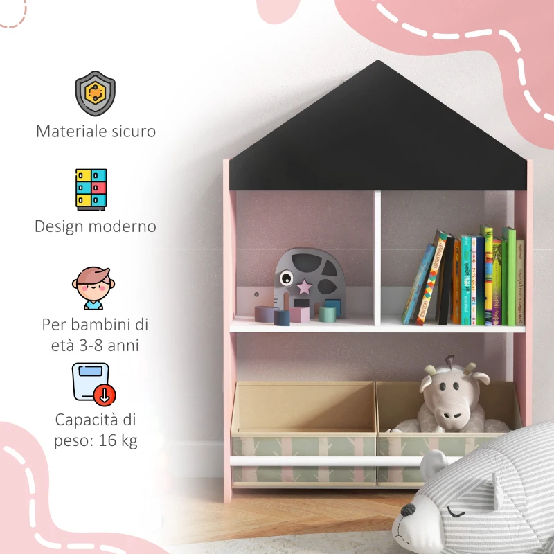 ZONEKIZ Scaffale Portagiochi per Bambini con Ripiani e Cassetti Rimovibili, Rosa