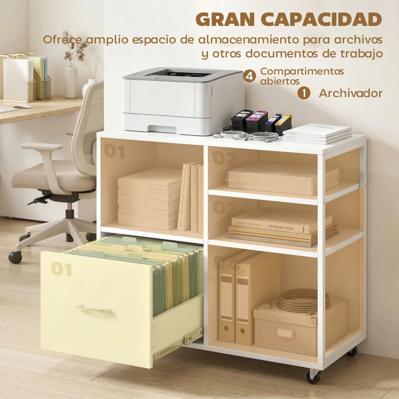 HOMCOM Mueble para Impresora con Ruedas Mesa para Impresora con Estantes Abiertos y Cajón para Documentos Tamaño A4 Blanco