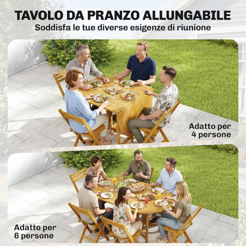 Outsunny Set Pranzo 7 Pezzi, Tavolo Estensibile Legno e 6 Sedie Pieghevoli per Giardino