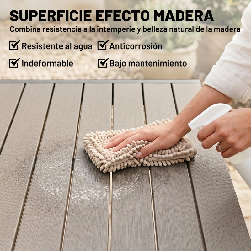 Outsunny Conjunto de Mesa y Sillas Jardín con Mesa Extensible Marco de Aluminio 8 Sillas y Tablero de Lamas de Madera Plástica