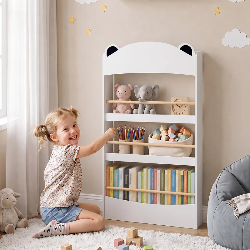 AIYAPLAY Libreria Montessoriana per Bambini 3-8 Anni a Forma di Orso con 4 Ripiani in Legno, 50x15x97 cm, Bianco