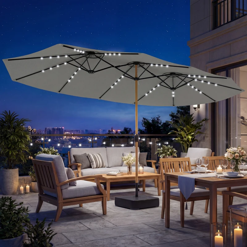 Outsunny Sombrilla Doble de Jardín 4,6x2,6 m con 48 Luces LED Base Incluida Manivela Sacos de Arena Anti-UV Gris Claro