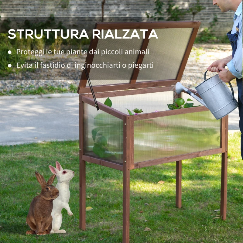 Outsunny Mini Serra da Giardino Rialzata in Legno e Policarbonato con Tetto Apribile, 90x50x93cm