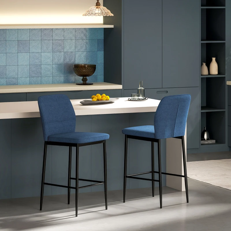 HOMCOM Conjunto de 2 Bancos de Bar Bancos Altos de Cozinha com Encosto e Apoio para os Pés Estofados em Veludo 41x52x97 cm Azul