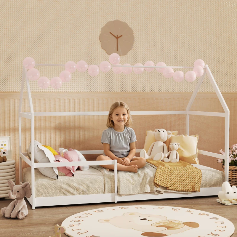 AIYAPLAY Letto per Bambini a Casetta con Barriere di Protezione, Età 3-8 Anni, 196x97.5x135cm, Bianco