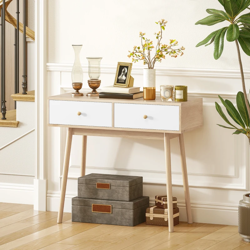 HOMCOM Mesa Consola con 2 Cajones Diseño Moderno en Roble y Blanco para Entrada Salón o Pasillo 86x35x75 cm