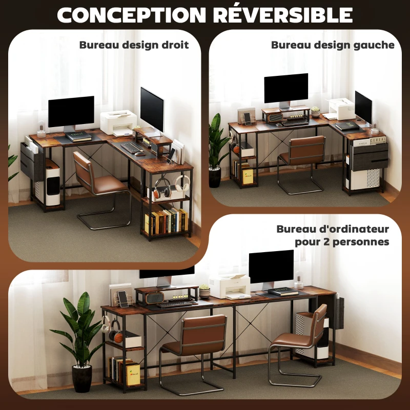 HOMCOM Bureau d'angle réversible, 168-240 cm, bureau d'ordinateur avec étagère réglable, support d'écran, brun rustique