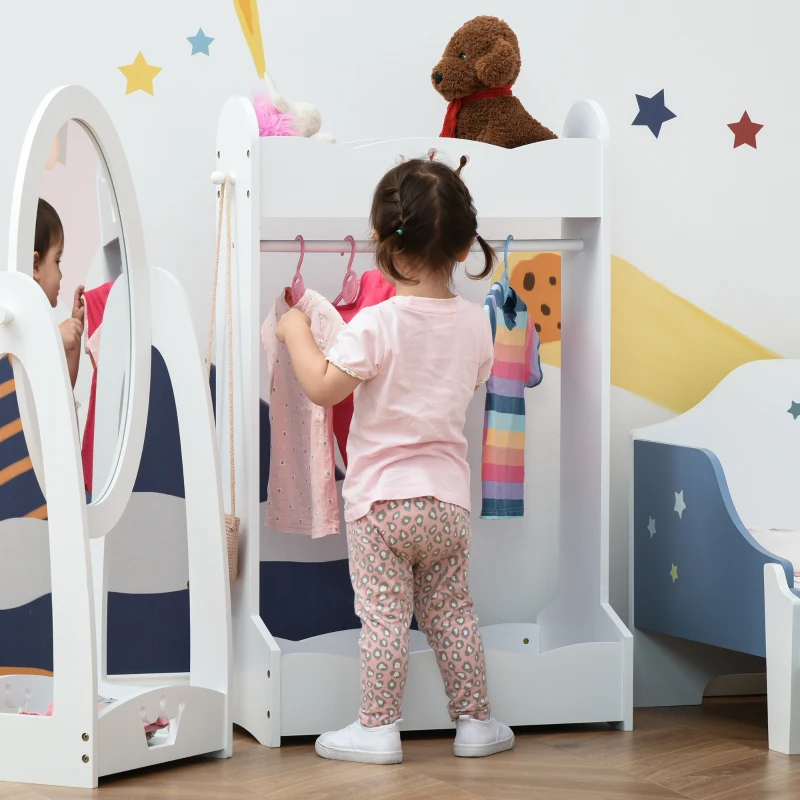 HOMCOM Kids Clothes Rail Wooden Hanging Rack with Storage Shelves Children Garment Freestanding Wardrobe for 3-8 Years Toddler, White