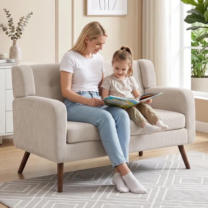 HOMCOM Canapea 2 locuri 118 cm cu aspect corduroy, capitonaj cu nasturi, canapea tapițată modernă și confortabilă cu picioare din lemn pentru spații mici